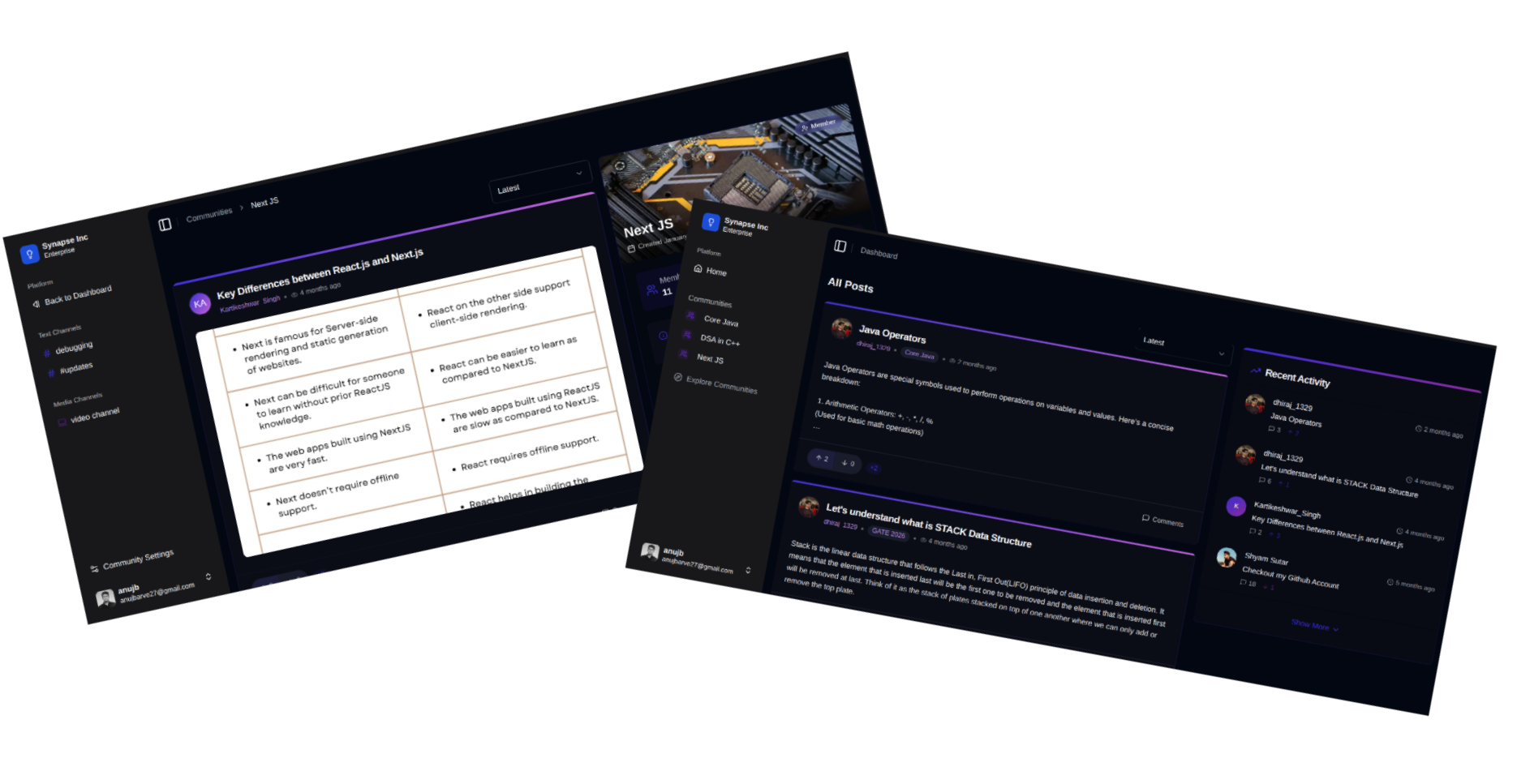 View of two website interfaces with modern and dark design. The first screen shows the title 'Behind the Code' with a rocket and dark background, explaining the origin of a community software project. The second screen presents a platform for finding speakers, with an attractive design, expert photos, and a prominent search button.